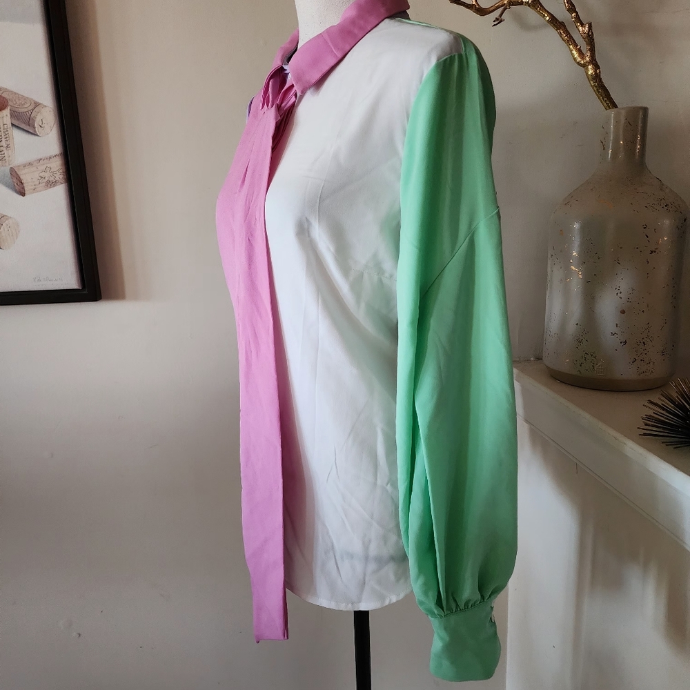 🔥Riley & Rae Colorblocked Tie-Neck Blouse - Picture 7 of 17